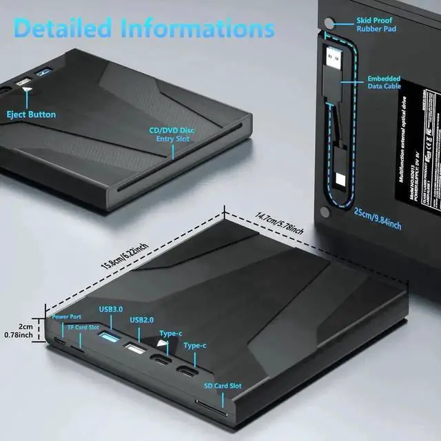 Alt view image 4 of 7 - Vszerda 7 in 1 Slot-Loading USB 3.0 Type-C External CD DVD RW Burner Portable Optical Drive Reader Compatible with Laptop Desktop Windows Linux MacOS
