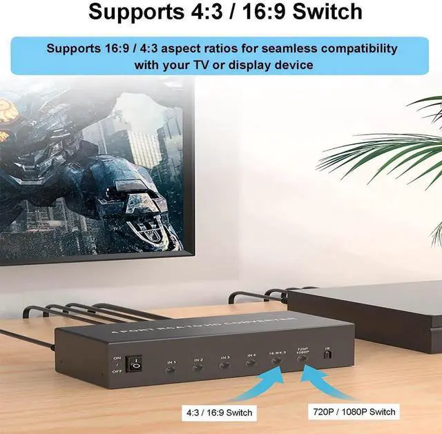 Alt view image 5 of 7 - Vszerda 4-Port AV RCA CVBS Composite to HDMI Converter 1080P, 4-Channel Analog to Digital Adapter with 4:3/16:9 Aspect Ratio Switch & Remote Control, Compatible Wii N64 PS1 PS2 PS3 VHS VCR DVD