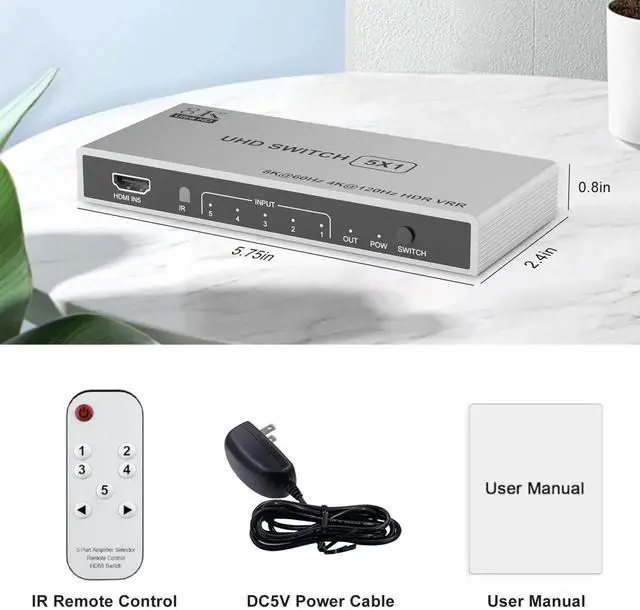Alt view image 3 of 7 - 5 in 1 Out HDMI 2.1 Switch with IR Remote, 48Gbps 8K@60Hz 4K@120Hz HDMI Switcher Selector Box, Supports HDR, Dolby Vision, HDCP 2.3, CEC for PS5/PS4/PS3, Xbox Series X/S, DVD, Blu-ray Player, PC, UHD