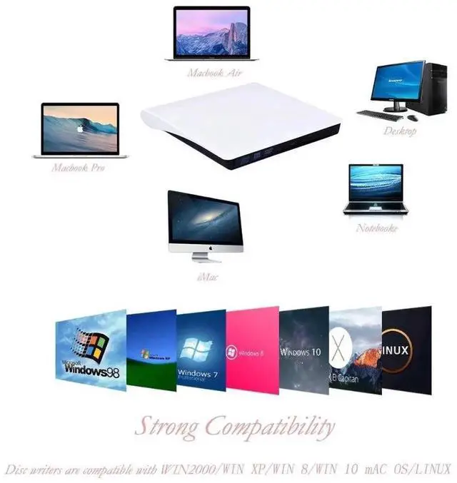 Alt view image 4 of 6 - Vszerda Slim White USB 3.0 External DVD RW CD Burner Optical Drive Compatible with Mac Notebook Desktop PC Windows 7/8/10