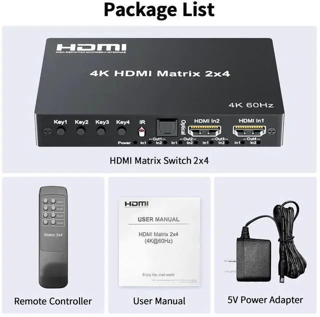 Alt view image 4 of 7 - 2x4 HDMI Matrix Switch 4K@60Hz HDR, HDMI 2.0 18Gbps 2 Input 4 Output Video Splitter with Optical SPDIF & 3.5mm Audio Extractor, HDCP 2.2 IR Remote, for PS5, Nintendo Switch, Fire Stick, Xbox, PC, Blu-