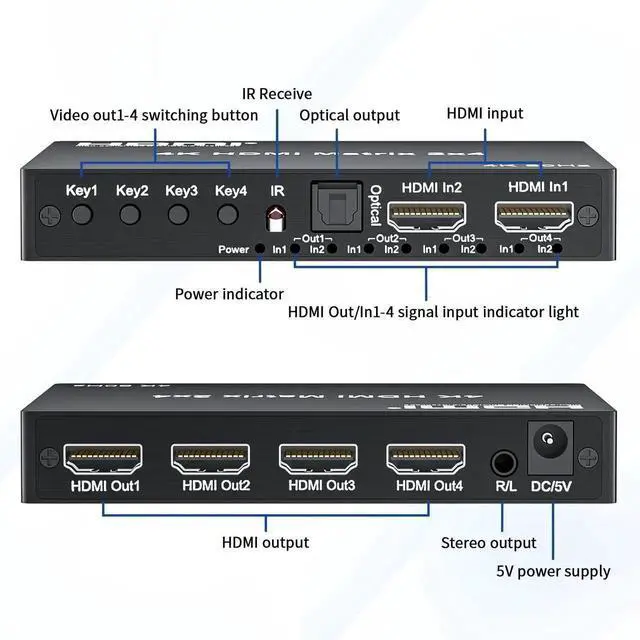 Alt view image 5 of 7 - 2x4 HDMI Matrix Switch 4K@60Hz HDR, HDMI 2.0 18Gbps 2 Input 4 Output Video Splitter with Optical SPDIF & 3.5mm Audio Extractor, HDCP 2.2 IR Remote, for PS5, Nintendo Switch, Fire Stick, Xbox, PC, Blu-