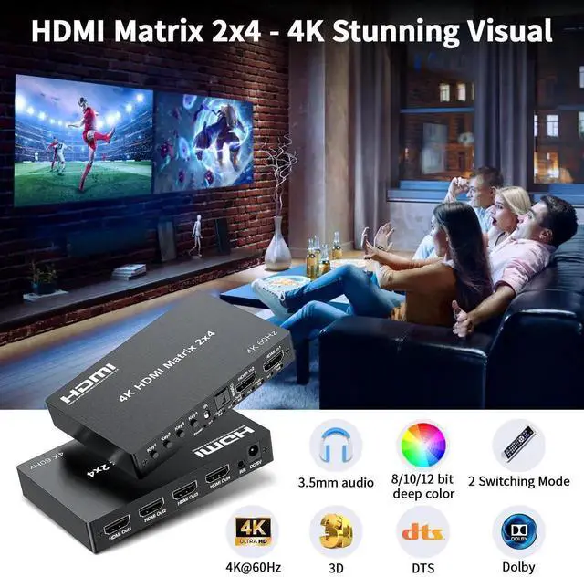 Alt view image 7 of 7 - 2x4 HDMI Matrix Switch 4K@60Hz HDR, HDMI 2.0 18Gbps 2 Input 4 Output Video Splitter with Optical SPDIF & 3.5mm Audio Extractor, HDCP 2.2 IR Remote, for PS5, Nintendo Switch, Fire Stick, Xbox, PC, Blu-