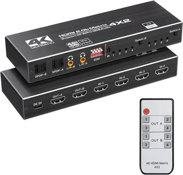 Main image of 4X2 HDMI 2.0 Matrix Switch with IR Remote, Model OZJ1-1, 4 In 2 Out 4K@60Hz Matrix Switcher with Audio Extractor, Dual SPDIF + Dual 3.5mm L/R Audio, Support EDID, HDCP2.2, HDR10 for 4K TV, Monitor, Ga