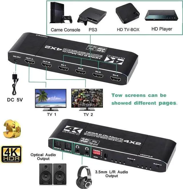 Alt view image 4 of 7 - 4X2 HDMI 2.0 Matrix Switch with IR Remote, Model OZJ1-1, 4 In 2 Out 4K@60Hz Matrix Switcher with Audio Extractor, Dual SPDIF + Dual 3.5mm L/R Audio, Support EDID, HDCP2.2, HDR10 for 4K TV, Monitor, Ga