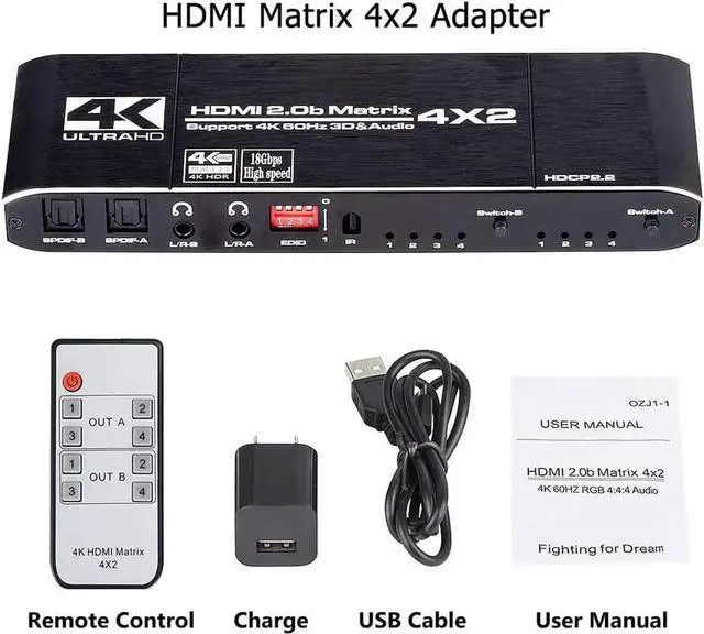 Alt view image 7 of 7 - 4X2 HDMI 2.0 Matrix Switch with IR Remote, Model OZJ1-1, 4 In 2 Out 4K@60Hz Matrix Switcher with Audio Extractor, Dual SPDIF + Dual 3.5mm L/R Audio, Support EDID, HDCP2.2, HDR10 for 4K TV, Monitor, Ga