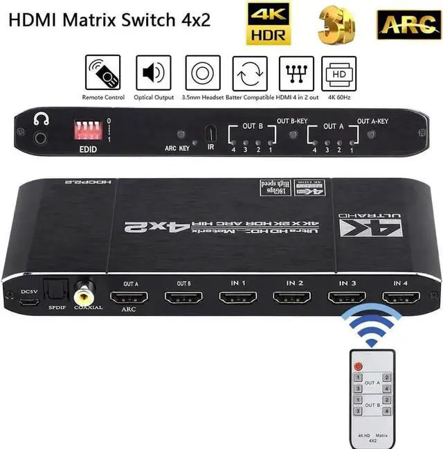 Main image of Vszerda 4X2 HDMI 2.0 Matrix Switch 4K@60Hz HDR HDCP2.2 with EDID & Audio Extractor, SPDIF Coax + 3.5mm Stereo ARC HIFI Video Splitter