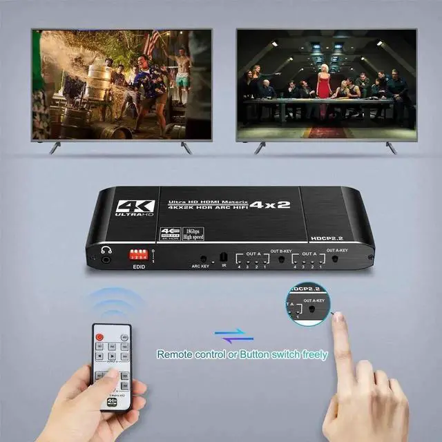Alt view image 3 of 7 - Vszerda 4X2 HDMI 2.0 Matrix Switch 4K@60Hz HDR HDCP2.2 with EDID & Audio Extractor, SPDIF Coax + 3.5mm Stereo ARC HIFI Video Splitter