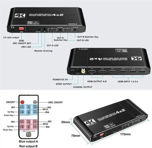 Alt view image 7 of 7 - Vszerda 4X2 HDMI 2.0 Matrix Switch 4K@60Hz HDR HDCP2.2 with EDID & Audio Extractor, SPDIF Coax + 3.5mm Stereo ARC HIFI Video Splitter