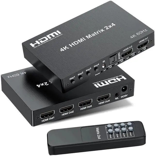 Main image of Vszerda 2x4 HDMI 2.0 Matrix Switch 4K@60Hz with IR Remote, 2 In 4 Out 18Gbps Video Splitter Support Optical SPDIF + 3.5mm Audio Extractor, HDR HDCP2.2 for NS, PS5, Fire Stick, 4K TV Monitor