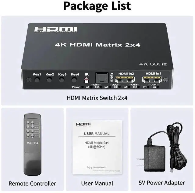 Alt view image 3 of 7 - Vszerda 2x4 HDMI 2.0 Matrix Switch 4K@60Hz with IR Remote, 2 In 4 Out 18Gbps Video Splitter Support Optical SPDIF + 3.5mm Audio Extractor, HDR HDCP2.2 for NS, PS5, Fire Stick, 4K TV Monitor