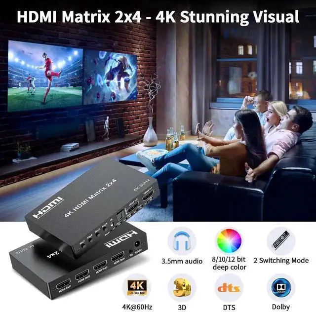 Alt view image 7 of 7 - Vszerda 2x4 HDMI 2.0 Matrix Switch 4K@60Hz with IR Remote, 2 In 4 Out 18Gbps Video Splitter Support Optical SPDIF + 3.5mm Audio Extractor, HDR HDCP2.2 for NS, PS5, Fire Stick, 4K TV Monitor