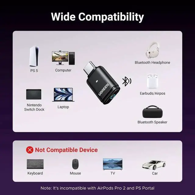 Alt view image 2 of 7 - Vszerda USB-C Bluetooth 5.3 Audio Transmitter Adapter for PS5, Supports aptX Low Latency & aptX Adaptive, Connect Wireless Headphones Earbuds