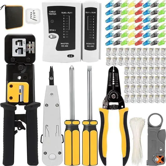 Main image of Vszerda RJ45 RJ12 RJ11 Crimping Tool Kit with Cable Tester, 8P/6P/4P Multi-Function Network Crimper Stripper Cutter for Cat5 Cat6 Ethernet Cable, Household DIY Network Repair Set, Black