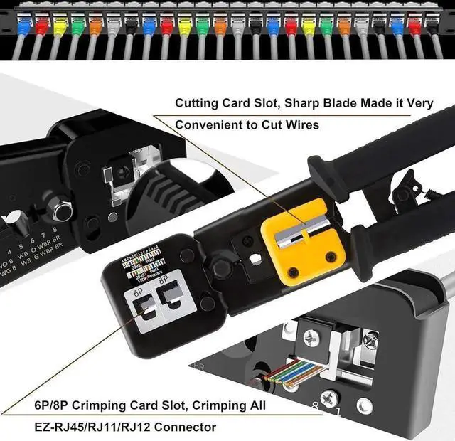 Alt view image 6 of 6 - Vszerda RJ45 RJ12 RJ11 Crimping Tool Kit with Cable Tester, 8P/6P/4P Multi-Function Network Crimper Stripper Cutter for Cat5 Cat6 Ethernet Cable, Household DIY Network Repair Set, Black