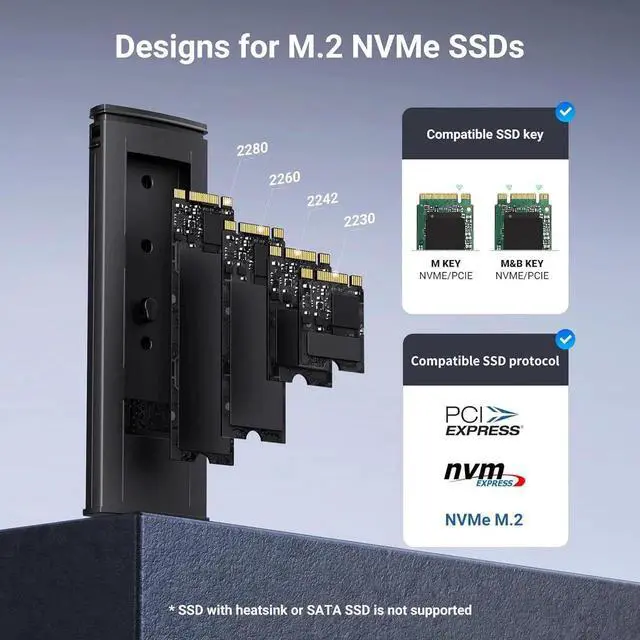Alt view image 5 of 5 - Vszerda Tool-Free USB C M.2 NVMe SSD Enclosure, USB 3.2 Gen2 10Gbps External SSD Reader Adapter, Compatible with M Key & B+M Key NVMe SSD in 2230/2242/2260/2280 Sizes
