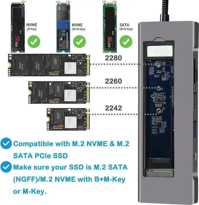 Alt view image 3 of 7 - Vszerda 8-in-1 USB C Hub Integrated M.2 NVMe & 2.5" SATA SSD Enclosure, Multiport Adapter with 4K HDMI, 10Gbps USB3.1, USB2.0, SD/TF Card Reader, 100W PD Charging for USB-C Laptops