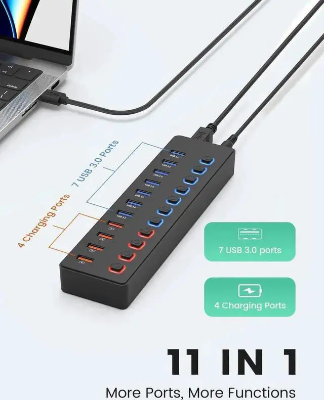 Alt view image 2 of 7 - 11-Port Powered USB 3.0 Hub Splitter, 7 USB3.0 High-Speed Data Ports + 4 Smart Charging Ports, Independent On/Off Switches with 12V Power Adapter, USB Expander Compatible with MacBook, Mac, PC & Lapto