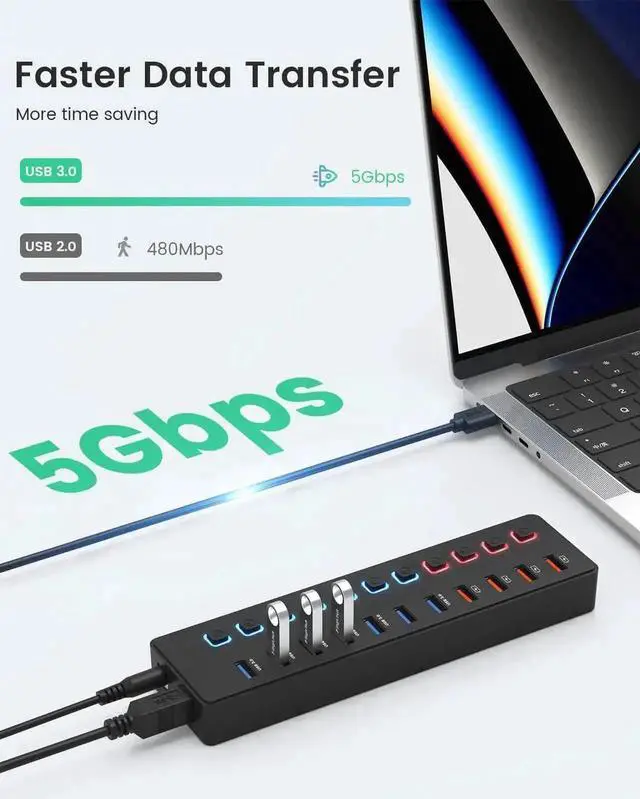 Alt view image 5 of 7 - 11-Port Powered USB 3.0 Hub Splitter, 7 USB3.0 High-Speed Data Ports + 4 Smart Charging Ports, Independent On/Off Switches with 12V Power Adapter, USB Expander Compatible with MacBook, Mac, PC & Lapto
