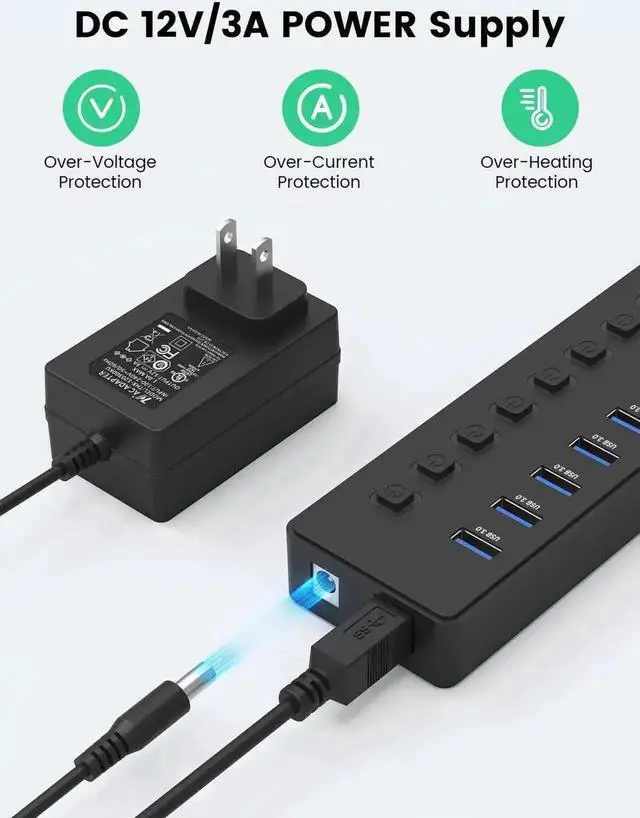 Alt view image 6 of 7 - 11-Port Powered USB 3.0 Hub Splitter, 7 USB3.0 High-Speed Data Ports + 4 Smart Charging Ports, Independent On/Off Switches with 12V Power Adapter, USB Expander Compatible with MacBook, Mac, PC & Lapto