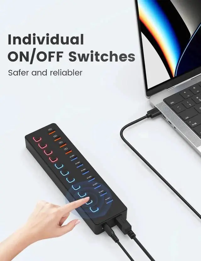 Alt view image 7 of 7 - 11-Port Powered USB 3.0 Hub Splitter, 7 USB3.0 High-Speed Data Ports + 4 Smart Charging Ports, Independent On/Off Switches with 12V Power Adapter, USB Expander Compatible with MacBook, Mac, PC & Lapto