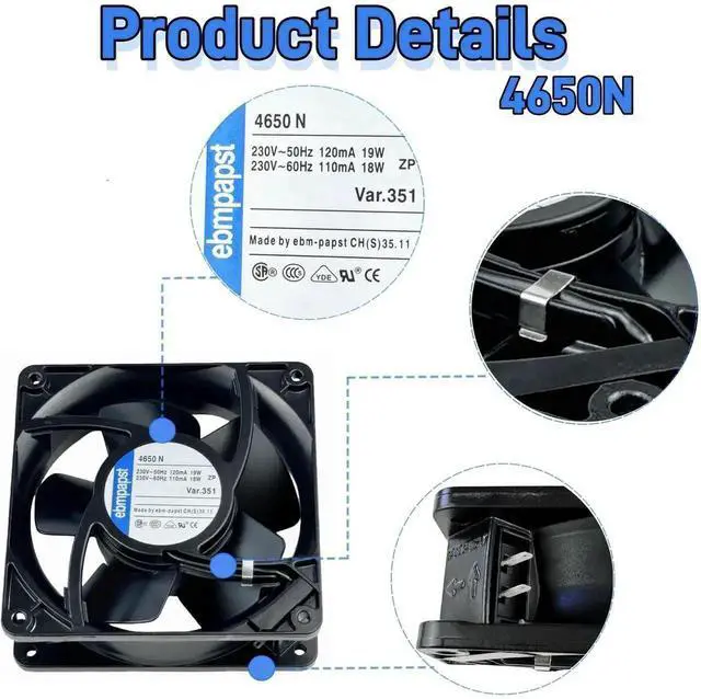 Alt view image 2 of 7 - Vszerda ebmpapst 4650N All Metal High Temp Axial Fan, AC230V 0.12A 120×120×38mm 2-Pin Cooling Fan