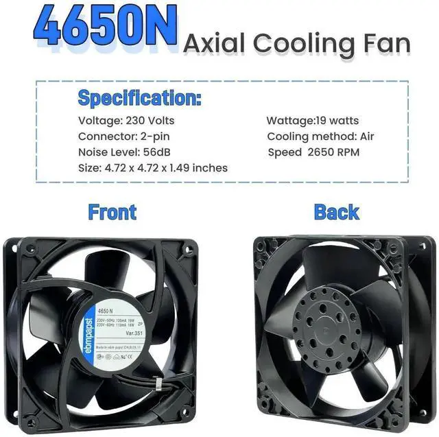 Alt view image 4 of 7 - Vszerda ebmpapst 4650N All Metal High Temp Axial Fan, AC230V 0.12A 120×120×38mm 2-Pin Cooling Fan