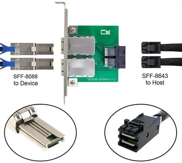 Alt view image 5 of 7 - Vszerda External Mini SAS SFF-8088 to Dual Internal SFF-8643 Mini SAS HD Adapter Card with Full Height Bracket, Server RAID Storage Signal Converter for Multi HDD SSD Array Expansion