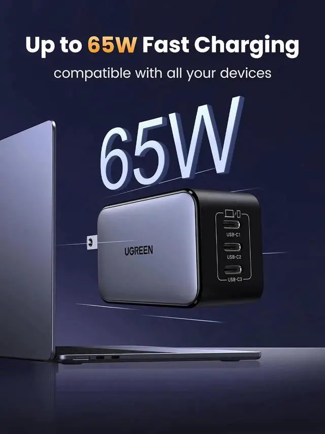 Alt view image 5 of 7 - Vszerda Nexode 65W GaN 3-Port USB-C Wall Charger PD Fast Charging Power Adapter for iPhone 17/16/15, Galaxy S25/S24, Pixel 10/9, MacBook Pro/Air, iPad & Steam Deck