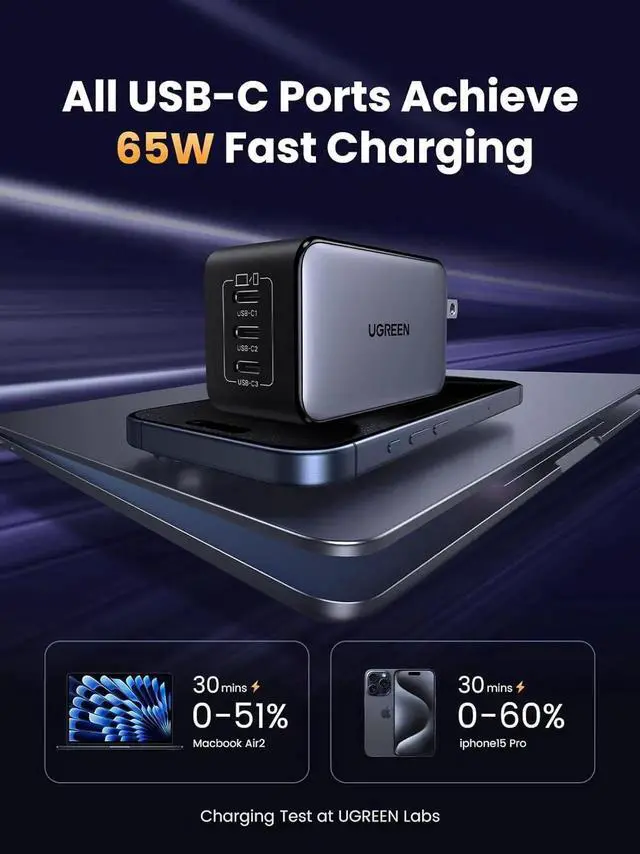 Alt view image 6 of 7 - Vszerda Nexode 65W GaN 3-Port USB-C Wall Charger PD Fast Charging Power Adapter for iPhone 17/16/15, Galaxy S25/S24, Pixel 10/9, MacBook Pro/Air, iPad & Steam Deck