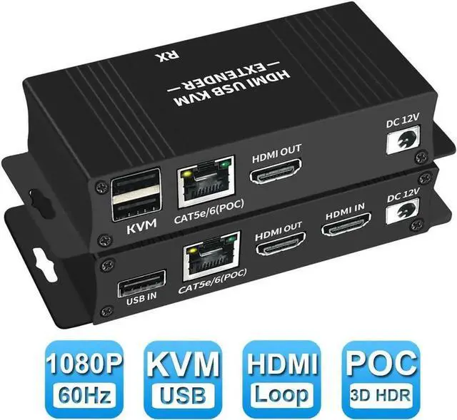 Main image of Vszerda HDMI KVM Over IP Extender Kit, 1080P@60Hz HD Video Transmission via Cat5e/Cat6 Ethernet Cable Up to 60m/196ft, Support Remote Keyboard & Mouse Control