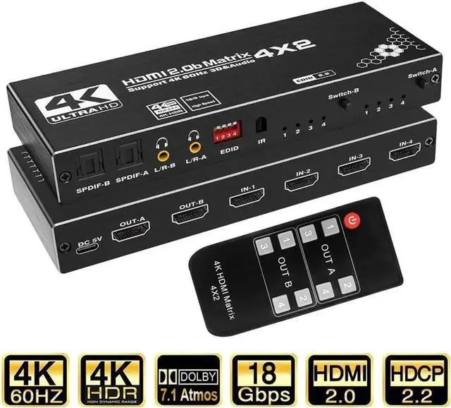 Main image of Vszerda 4x2 HDMI Matrix Switch 4 in 2 Out with IR Remote Model OZJ1, Supports 4K, 1080P, 3D, RGB 8:8:8, Dolby Atmos, Dual SPDIF & Dual 3.5mm L/R Audio Outputs, Built-in EDID Management