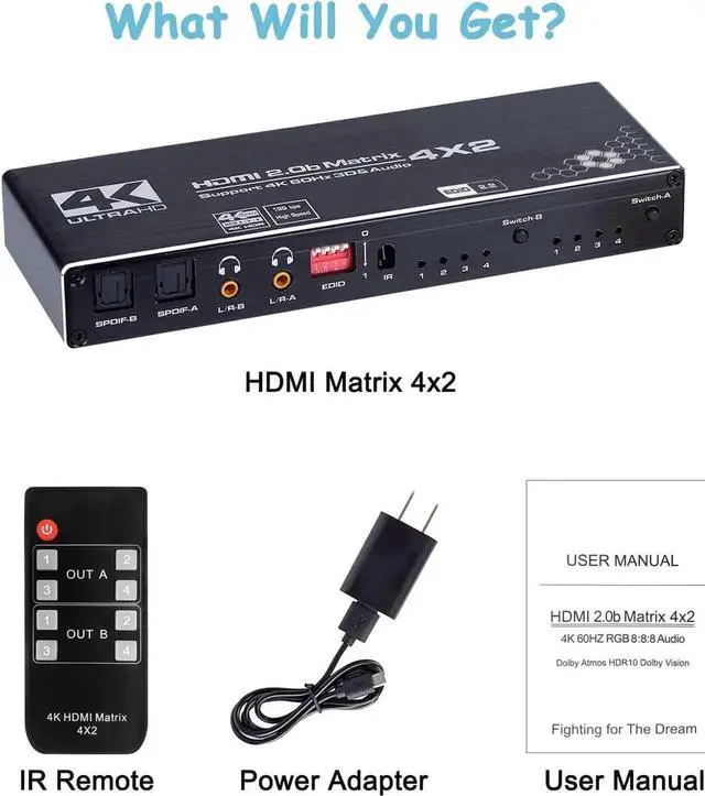 Alt view image 5 of 7 - Vszerda 4x2 HDMI Matrix Switch 4 in 2 Out Model OZJ1 with IR Remote, Supports 4K, 1080P, 3D, RGB 8:8:8, Dolby Atmos, Dual SPDIF & Dual 3.5mm L/R Audio Outputs, Customizable EDID Management