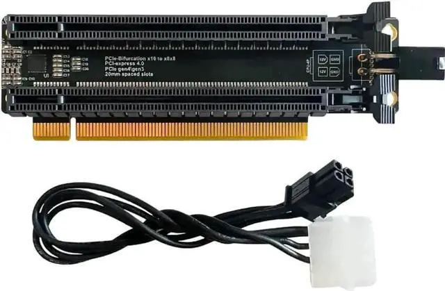 Main image of Vszerda PCIe 4.0 x16 1-to-2 Bifurcation Expansion Card, PCIe x16 Split into Dual x8 Slots, 20mm Slot Spacing, CPU 4-Pin Auxiliary Power Port with Matching 4Pin Power Cable