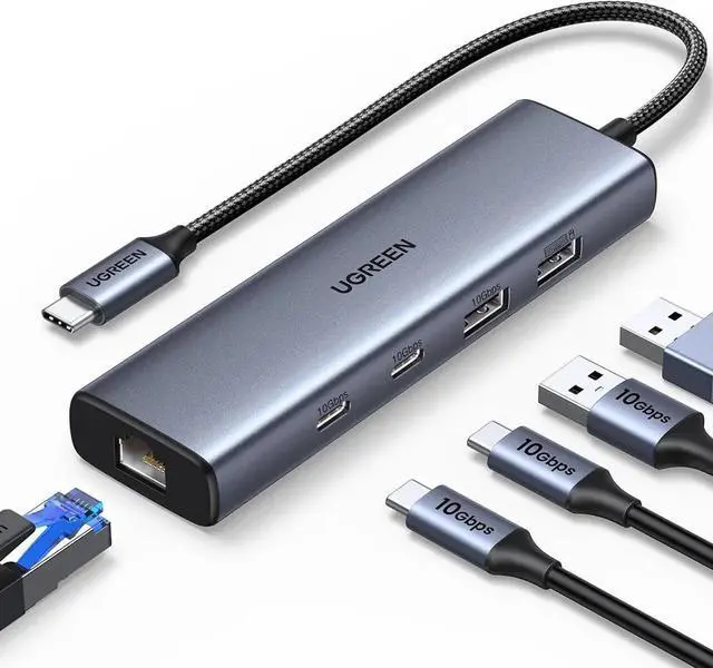 Main image of Vszerda 6-in-1 USB C to Gigabit Ethernet Hub Dongle, USB C Multiport Adapter with 10Gbps USB-C 3.2 ×2, USB-A 3.2/2.0, RJ45 LAN, Dedicated Power Port, Compatible with MacBook, Dell XPS, USB C Laptops