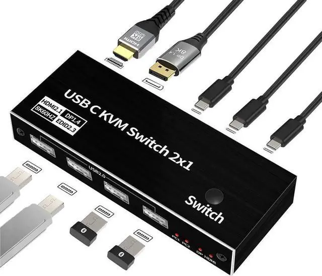 Main image of Vszerda 2x1 USB-C KVM Switch, Support 8K@60Hz & 4K@120Hz, 2 Type-C Hosts Share 1 Monitor (HDMI/DP Dual Output), Built-in 4 USB 2.0 Ports, 2 USB-C Cables Included