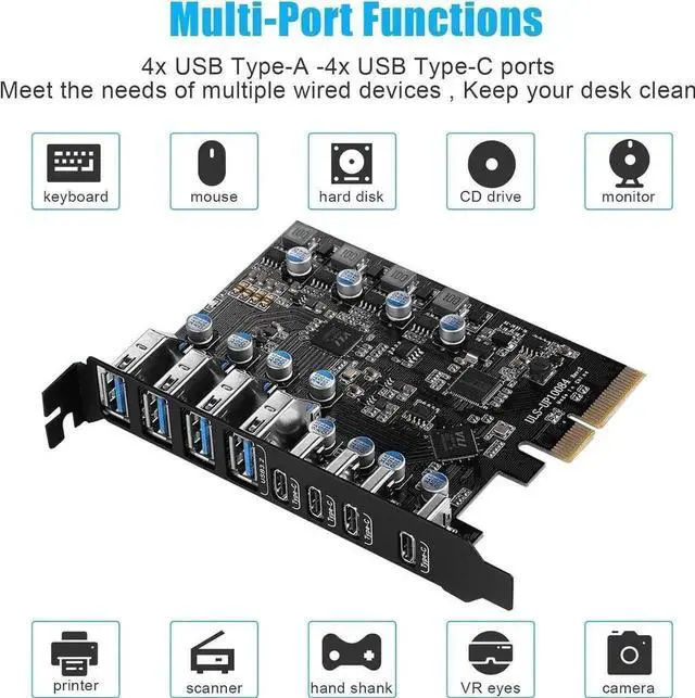 Alt view image 2 of 7 - Vszerda PCIe USB 3.2 Gen 2 Expansion Card, 8-Port PCI Express Adapter with 4 USB-A & 4 USB-C 3.2 Ports, Super Speed 10Gbps PCI-E USB Hub Controller for Desktop PC, Supports Windows 11/10/8/7/XP/Vista