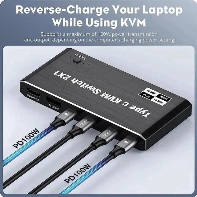 Alt view image 3 of 7 - Vszerda 2-Port USB-C KVM Switch, Support 8K@60Hz & 4K@120Hz, 2 Laptops Share 1 Monitor, Built-in 3 USB 2.0 Ports & 100W PD Charging, 2 USB-C Cables Included