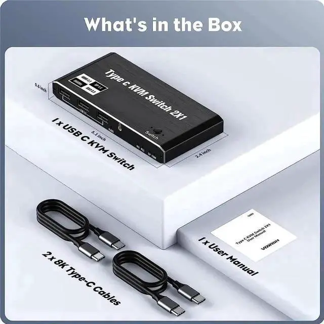Alt view image 7 of 7 - Vszerda 2-Port USB-C KVM Switch, Support 8K@60Hz & 4K@120Hz, 2 Laptops Share 1 Monitor, Built-in 3 USB 2.0 Ports & 100W PD Charging, 2 USB-C Cables Included