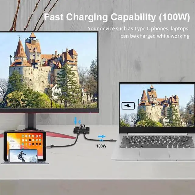 Alt view image 3 of 7 - Vszerda Bi-Directional USB-C 3.1 Switch 8K@30Hz 4K@120Hz, 100W PD Charging & 10Gbps Data Transfer Multi-Function Type-C Splitter Converter