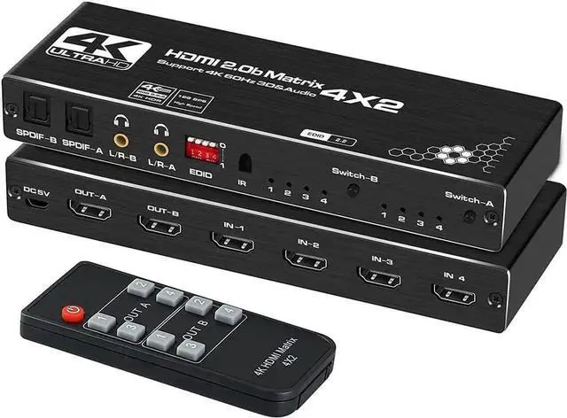 Main image of OZJ1 4x2 HDMI Matrix Switch 4 in 2 Out, HDMI 2.0b 4K@60Hz Matrix Switcher Selector Box with IR Remote & Adjustable EDID, Supports HDR10, 3D, HDCP 2.2 for Game Consoles, DVD, Blu-ray Players, PC, HDTV
