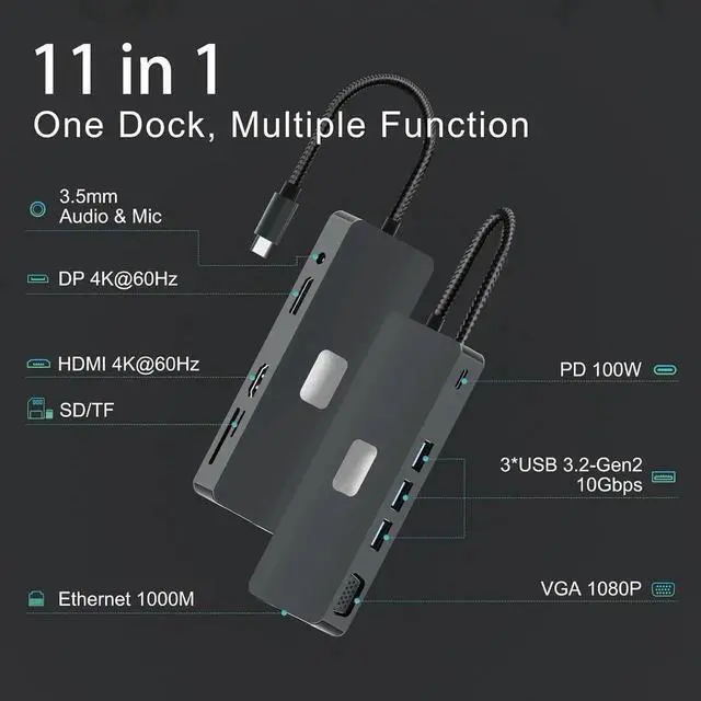 Alt view image 2 of 7 - Vszerda 11-in-1 Triple Display USB C Docking Station, Multiport Laptop Hub with 4K HDMI, VGA, DP, 3×10Gbps USB3.2, Gigabit Ethernet, 100W PD Charging, SD & TF Card Reader for Type-C Laptops
