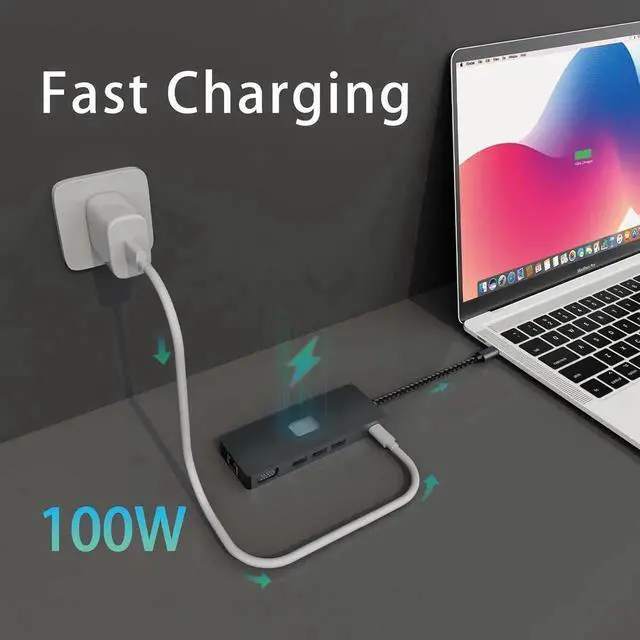 Alt view image 4 of 7 - Vszerda 11-in-1 Triple Display USB C Docking Station, Multiport Laptop Hub with 4K HDMI, VGA, DP, 3×10Gbps USB3.2, Gigabit Ethernet, 100W PD Charging, SD & TF Card Reader for Type-C Laptops