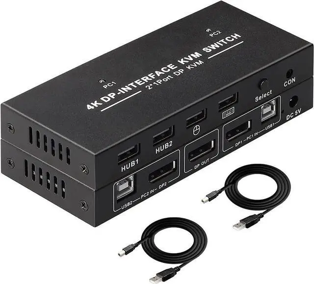 Main image of Vszerda 2-Port DP 1.2 KVM Switch 2 In 1 Out, 4K@60Hz, 4 USB2.0 Ports, Includes Two 1.5m/5ft KVM Cables for 2 PCs Sharing One Monitor, Keyboard & Mouse