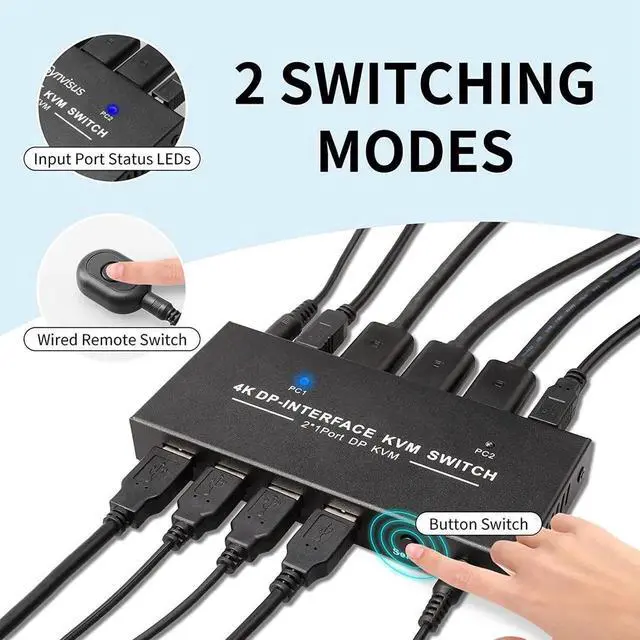 Alt view image 6 of 7 - Vszerda 2-Port DP 1.2 KVM Switch 2 In 1 Out, 4K@60Hz, 4 USB2.0 Ports, Includes Two 1.5m/5ft KVM Cables for 2 PCs Sharing One Monitor, Keyboard & Mouse