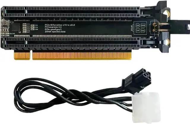 Main image of Vszerda PCIe 4.0 x16 Bifurcation Expansion Card, 1-to-2 Split x16 to x8x8 Adapter, 20mm Slot Spacing, CPU 4Pin Aux Power Port with Matching 4Pin Cable
