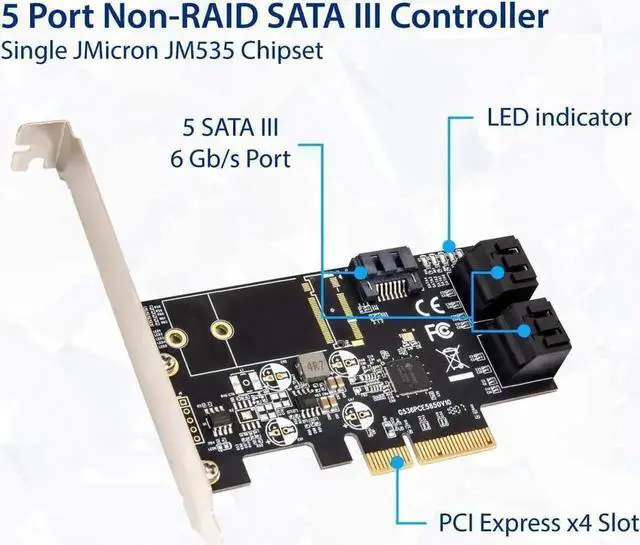 Alt view image 4 of 6 - Vszerda 5 Port PCIe X4 SATA 3.0 Non-RAID Controller Card Model SI-PEX40139 with JMB585 Chipset, 6Gbps Storage Adapter for SSD & HDD, Low Profile Bracket Included