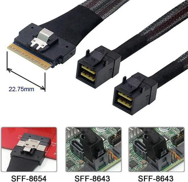Alt view image 2 of 3 - Vszerda PCIe 4.0 Ultraport Slimline SAS Breakout Cable, SFF-8654 8i 74Pin to Dual SFF-8643 4i Mini SAS HD Server Storage Cable, 100CM