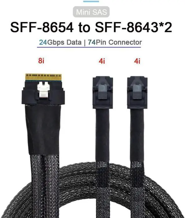 Main image of Vszerda PCIe 4.0 Ultraport Slimline SAS Breakout Cable, SFF-8654 8i 74Pin to Dual SFF-8643 4i Mini SAS HD Server Storage Cable, 100CM