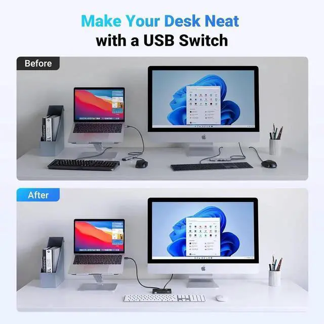 Alt view image 3 of 7 - Vszerda USB 2.0 Switch Selector, 2 Computers Share 4 USB Devices, One-Button USB Peripheral Switcher Box for Keyboard Mouse Printer Scanner, Includes 2 Pack USB A to A Cables